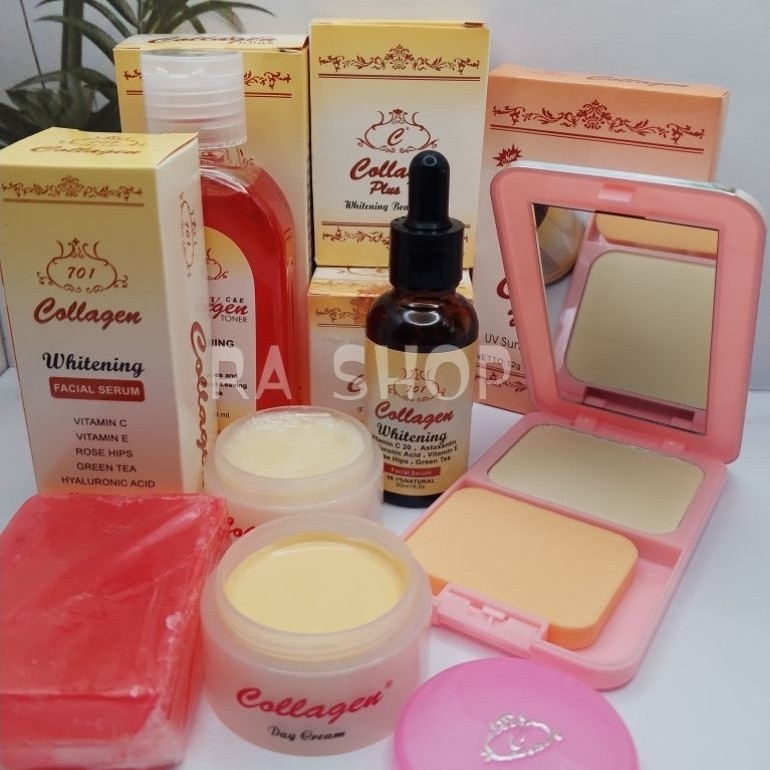 PAKET " COLLAGEN " 6in1/LENGKAP ( KRIM SIANG - KRIM MALAM - SERUM - TONER - BEDAK - SABUN )