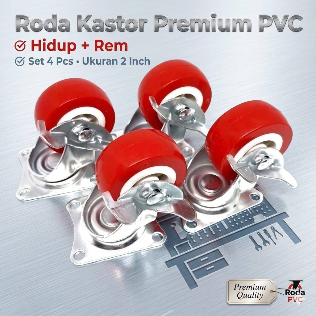 [ 4 PCS ] Roda 2 Inch Merah Rem 4Pcs / Roda Troli 2inch 4Pcs / Roda Merah 2" Dengan Rem