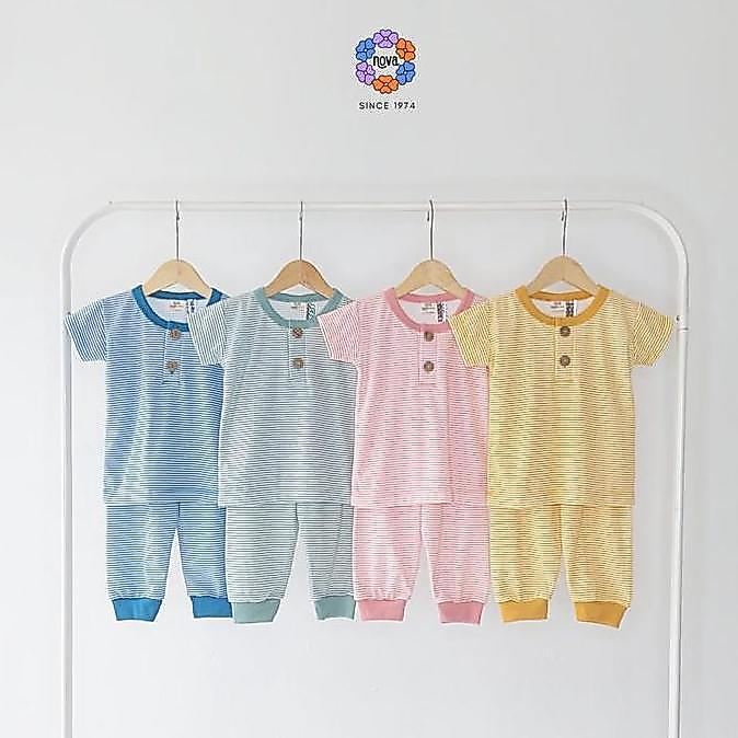New Ezy Shirt Set Combi Stripe Series Nova Baby Setelan Baju Pendek Celana Panjang Bayi Newborn Moti