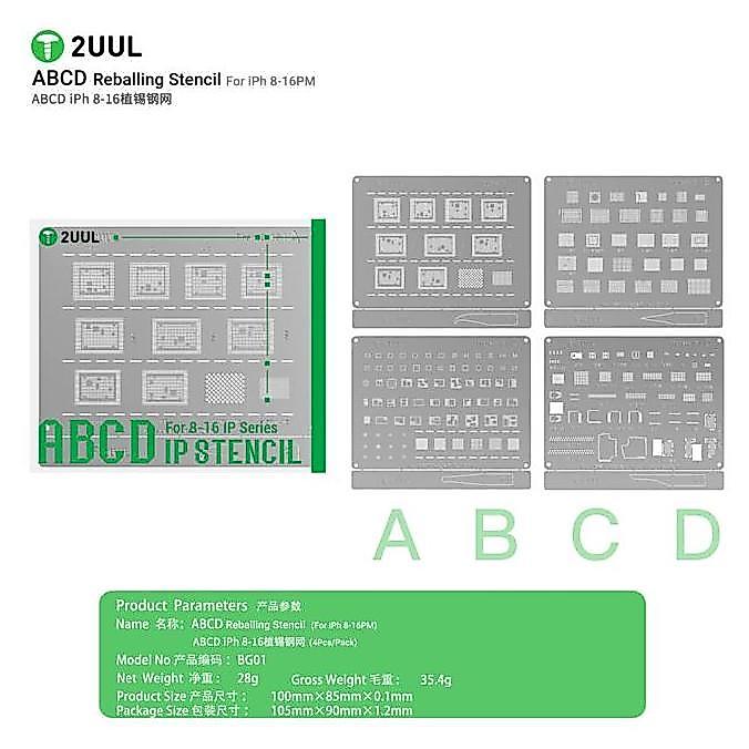 Cetakan Ic 2UUL BG01 ABCD Reballing Stencil for iPh 8-16PM (4pcs/pack) + 4 Mata Pisau