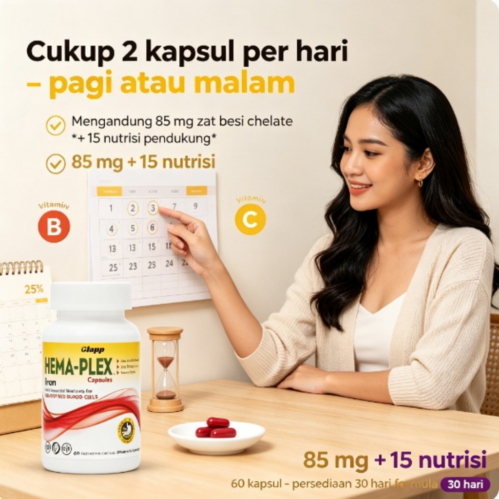 Clapp Hema-Plex Iron 85mg Tinggi Potensi & Vitamin B Kompleks Untuk Darah Sehat Sehari 2 Kapsul 60 K