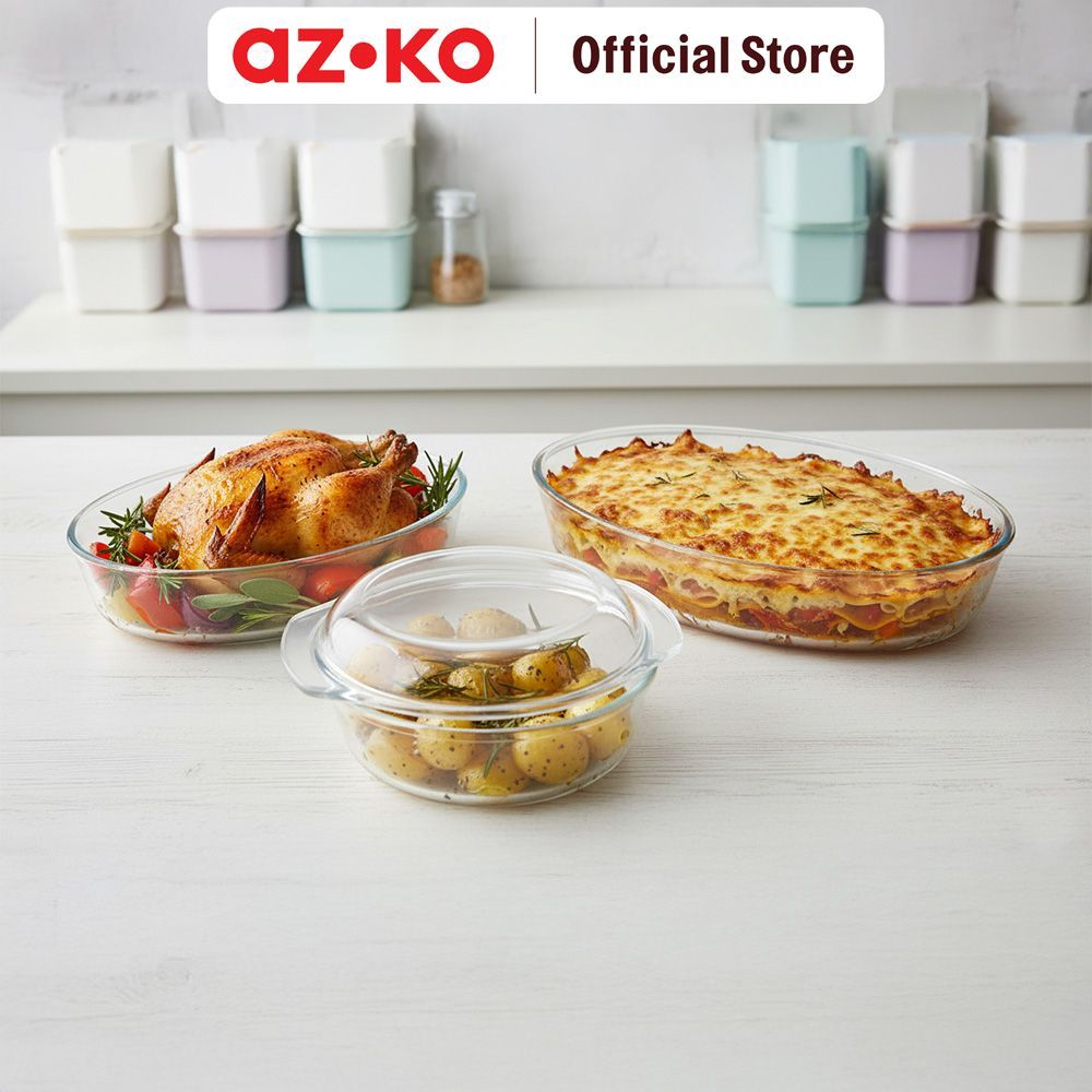 AZKO Culinart Loyang Kaca Oval Set 4 pcs Transparan Baking Dish Wadah Panggang Oven Dish Tray Kaca