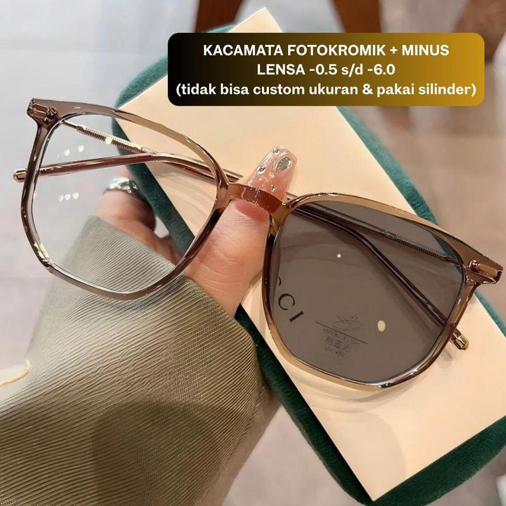 Kacamata Gaya 2 Fungsi Lensa Fotokromik + Minus -0.5 s/d -6.0 Tanapa Silinder Model Korea Anti Sinar