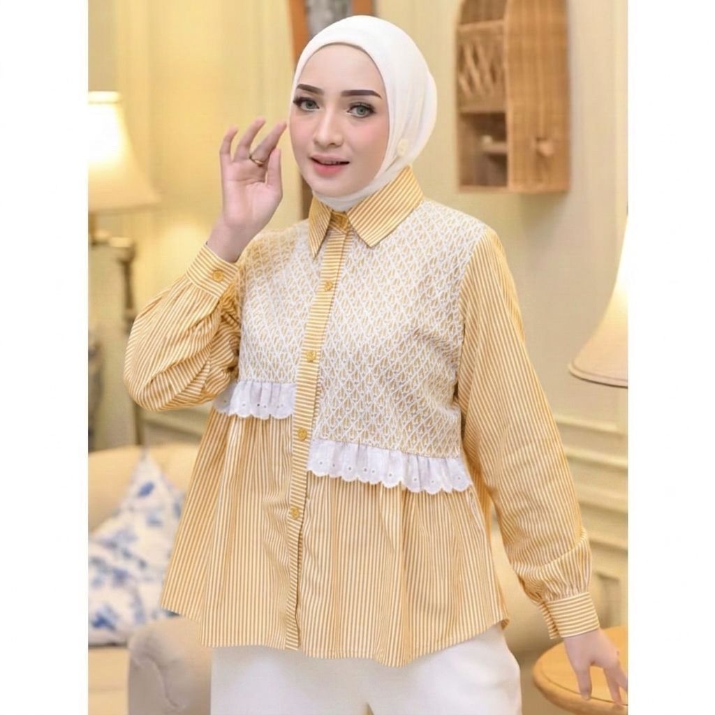 GAMIS_BEJI09-  BAJU ATASAN WANITA KEMEJA SALUR BROKAT PREMIUM