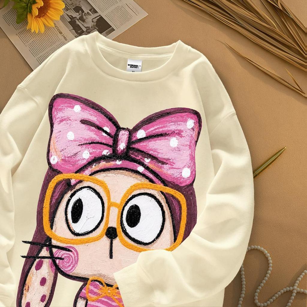 Pretty Sweety Hub -  Kaos Wanita Oversize Lengan Panjang Karet | Cute Rabbit Cartoon Pink Bow | Kore