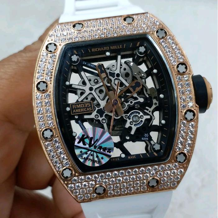 Jam tangan Automatic Swiss RM 035 Americas Skeleton Frosted Diamond Stainless steel - white rubber, 