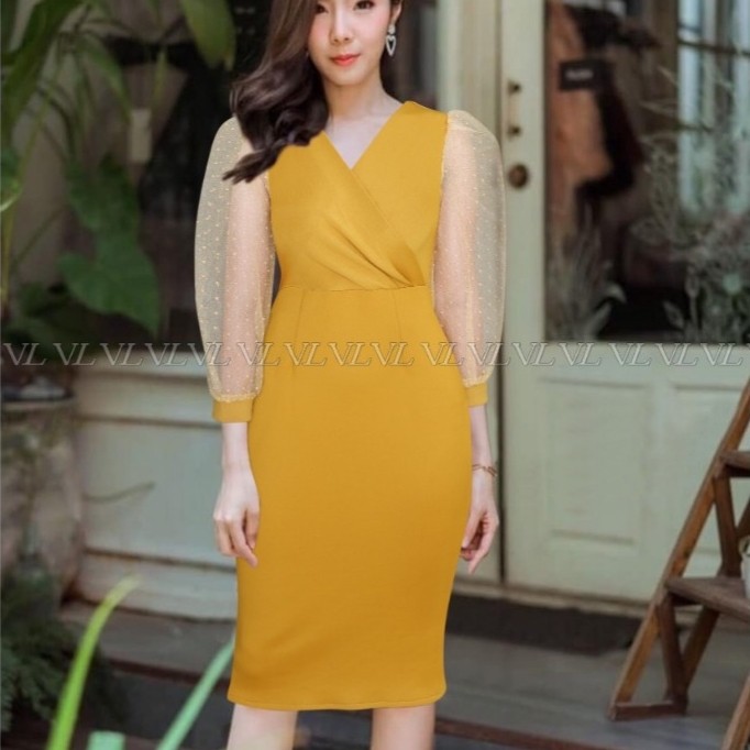 Scuba Model Kimono Dress Wanita Kerah Vneck Tangan Tile Lengan Panjang Puff Terbaru