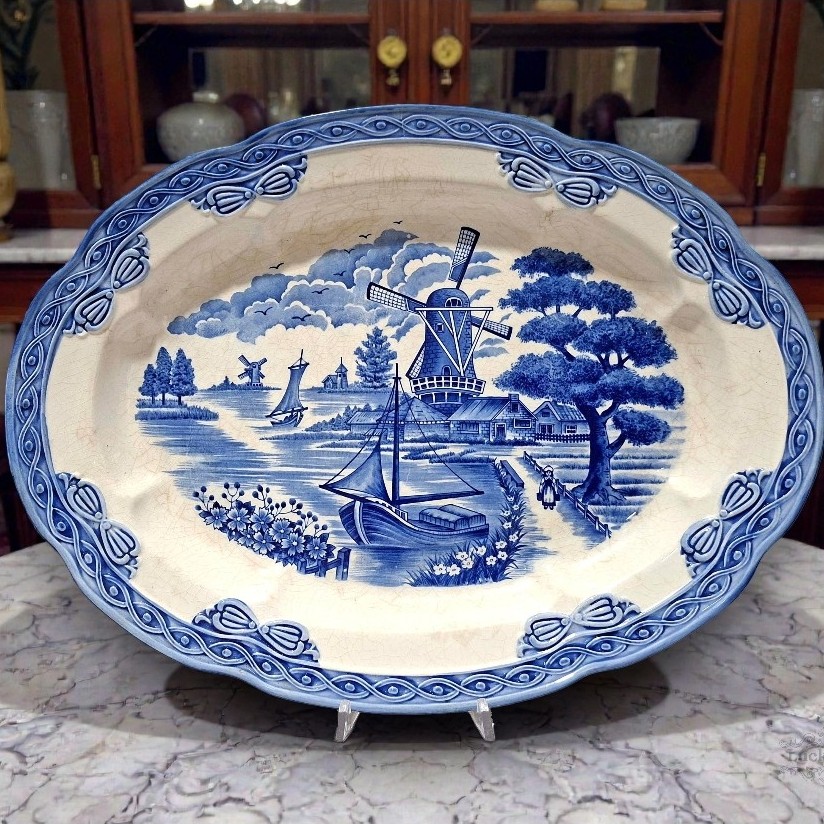 Vintage Made In Japan Oval Plate Motif Holland Village Lodor Keramik Biru Putih Lawas