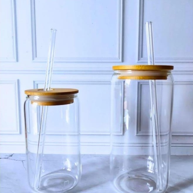 Vicenza Luminarc - 1 Set Tumbler Sedotan Kaca Tutup Kayu / Gelas Kafe / Gelas Resto