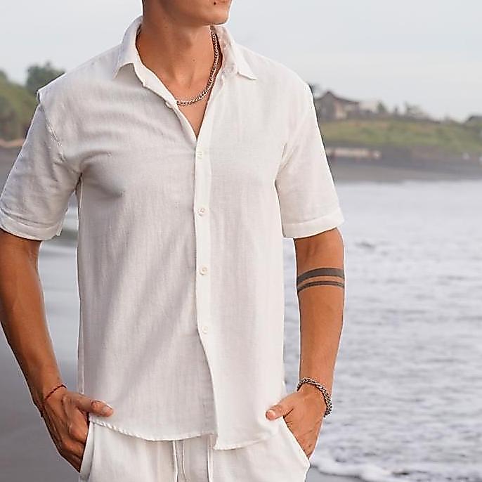 BEACHWELL Kemeja Pria Linen Katun Angel Canggu Series Kemeja Pantai Putih Casual Lengan Pendek Polos