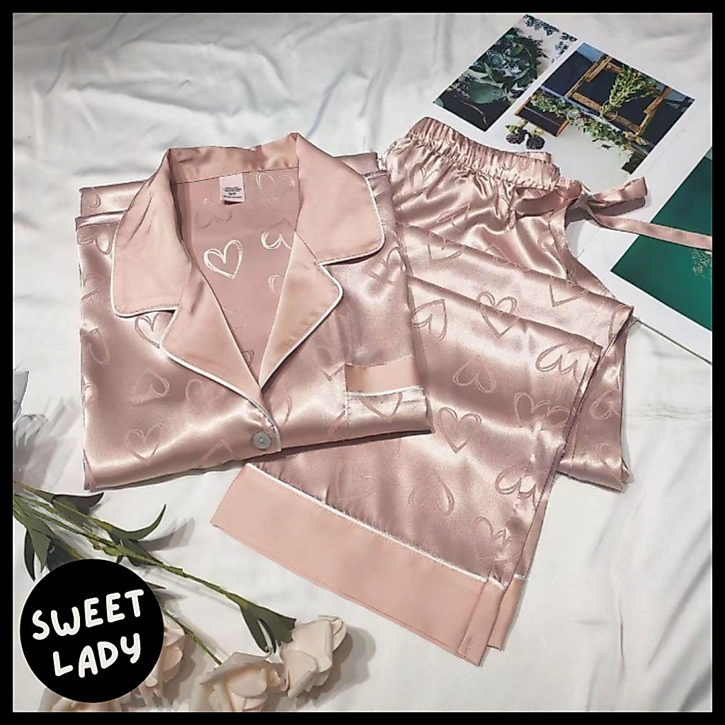 Set Piyama Wanita Satin Motif Love Lengan Panjang Setelan Baju Tidur Mewah Premium BTW 10