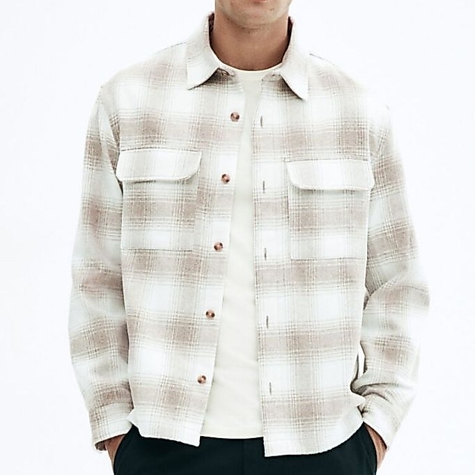 HOT DEALS HM OVERSHIRT SHACKET FLANNEL PRIA ORIGINAL BEIGE PLAID KEMEJA KOTAK-KOTAK TEBAL PREMIUM