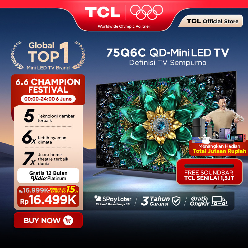 TCL 75 Inch QD-Mini LED TV Q6C - AiPQ Pro Processor - 6in1 Healthy Eye care - 144Hz - Smart Android 