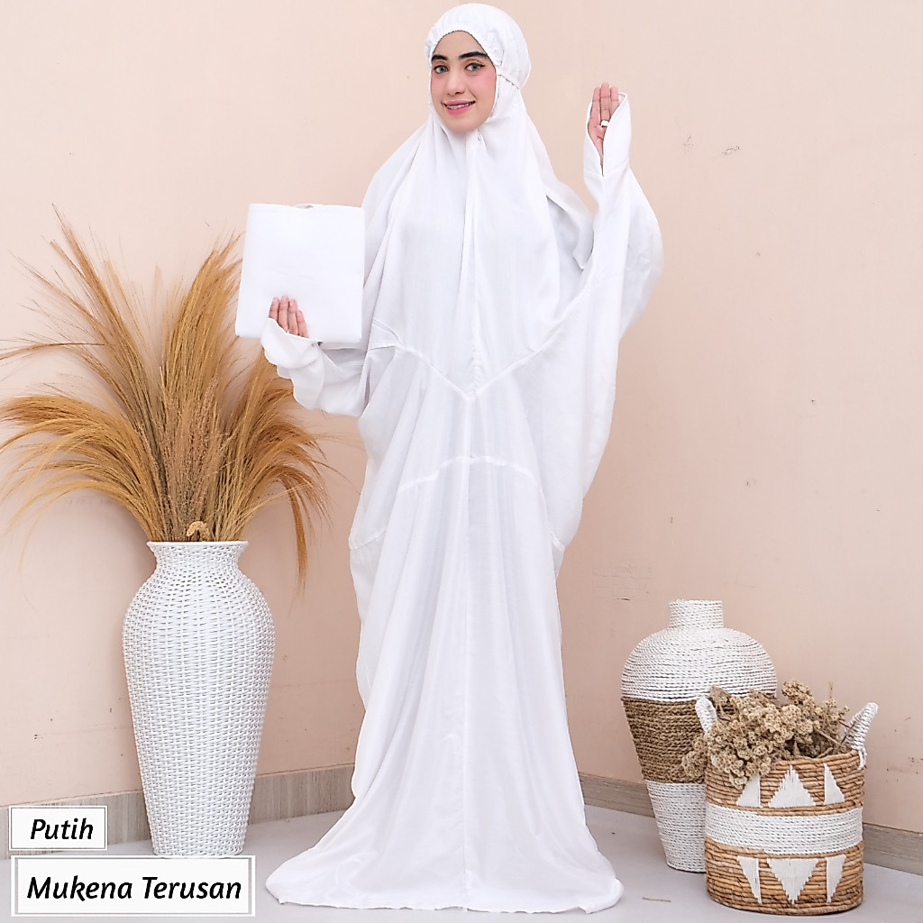 Mukena Terusan Bahan Rayon Adem I Mukenah Terusan Putih Dewasa I Mukenah Travel Anak Pesantren I Muk