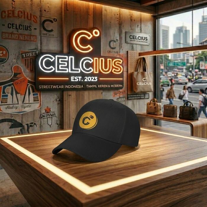 Topi Baseball CELCIUS Logo Bulat Kuning Keren Style Streetwear Indonesia - HITAM