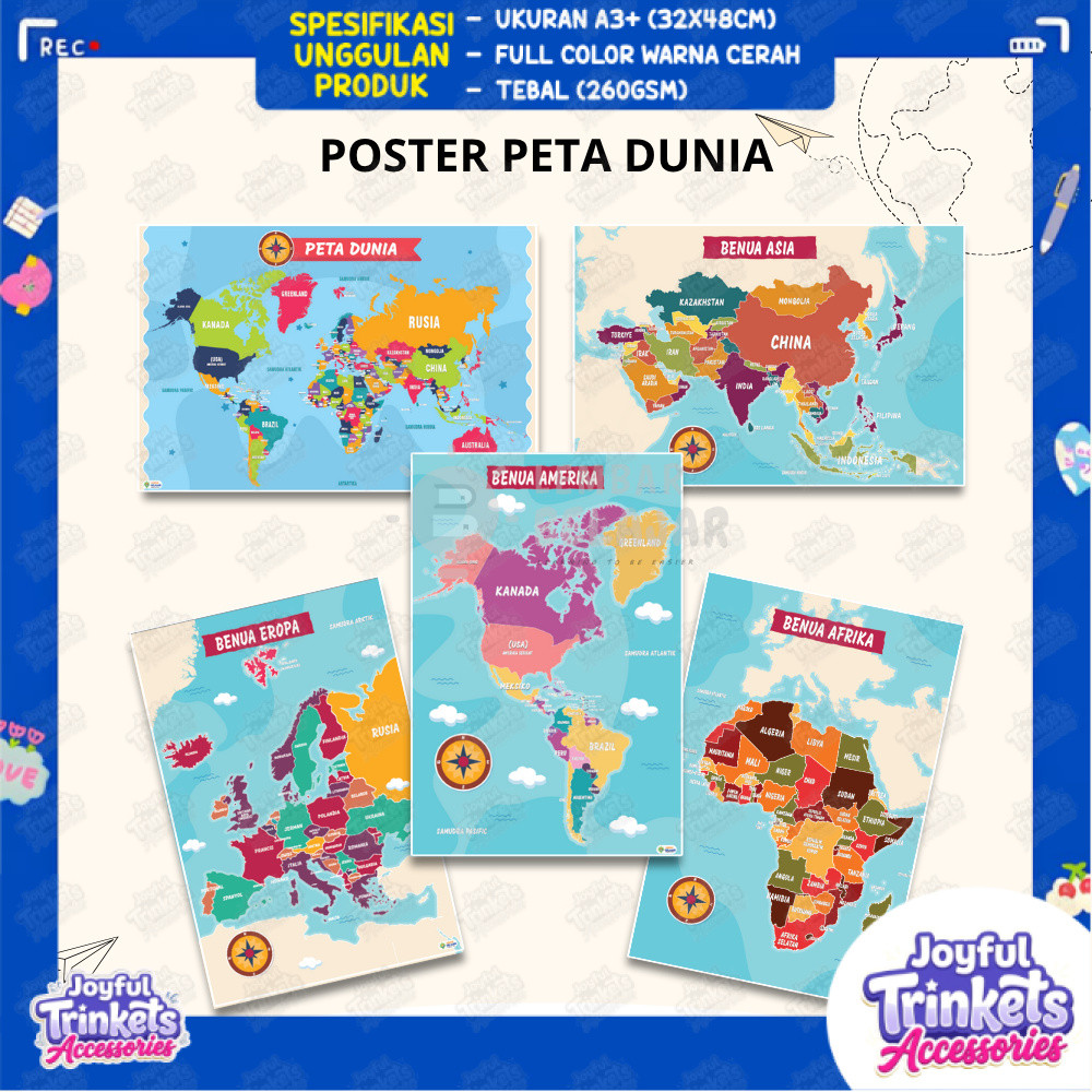Poster Peta Dunia - Peta Benua Asia - Eropa - Afrika - Amerika - Poster Edukasi Anak - JOYFUL TRINKE