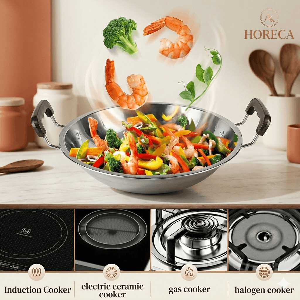 Wajan Kuali Penggorengan Wok Pan Stainless Steel Tebal Anti Lengket Cookware Kitchenware