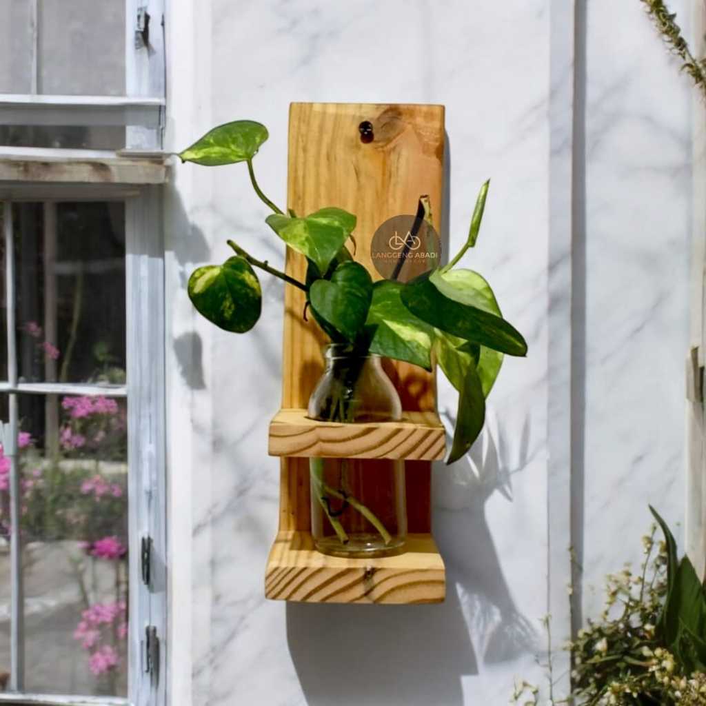 Vas Bunga Botol Gantung Kayu | Vas Kaca Gantung Estetik | Vas Kaca mini | Standing Pot Kayu m