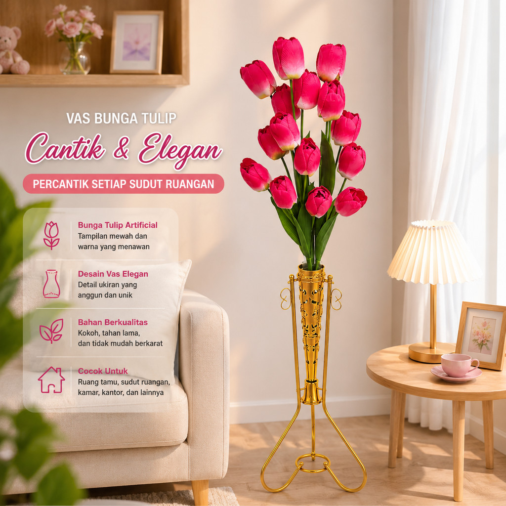 Standing Flower Tulip Artificial 98cm Vas Besi Premium Dekorasi Ruang Tamu Estetik