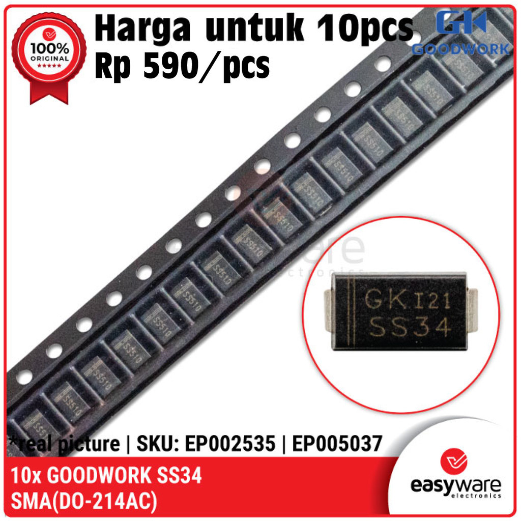 [10 PCS] GOODWORK SS34 SMA 40V 3A Schottky Barrier Diode Dioda 1N5822 SS 34