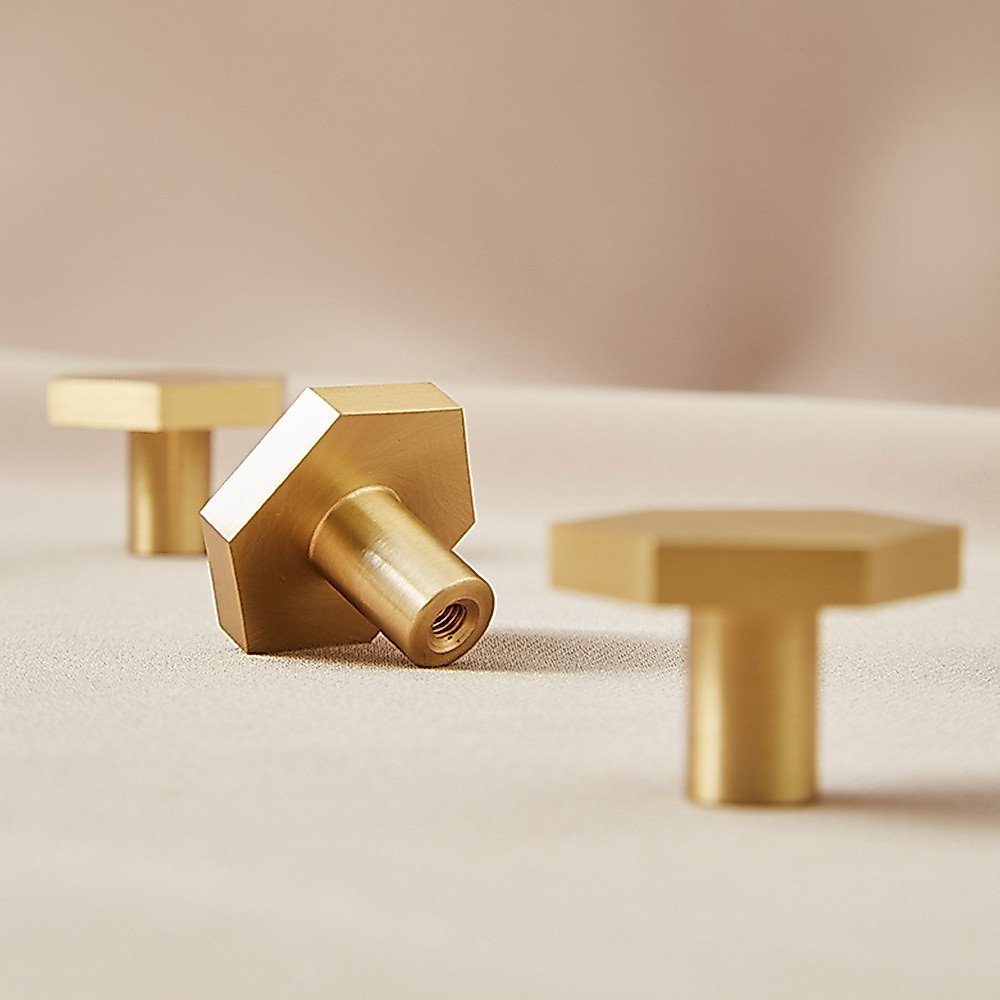 Hexagon Gold Handle Tarikan Laci Segi Enam Emas Knob Pull Brush Brass