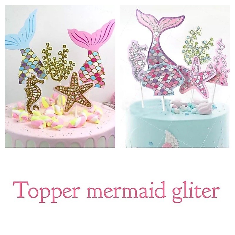 TOPPER KUE MERMAID / TOPPER CAKE MERMAID / TOPPER MERMAID GLITER /HIASAN KUE ULANG TAHUN EKOR IKAN D