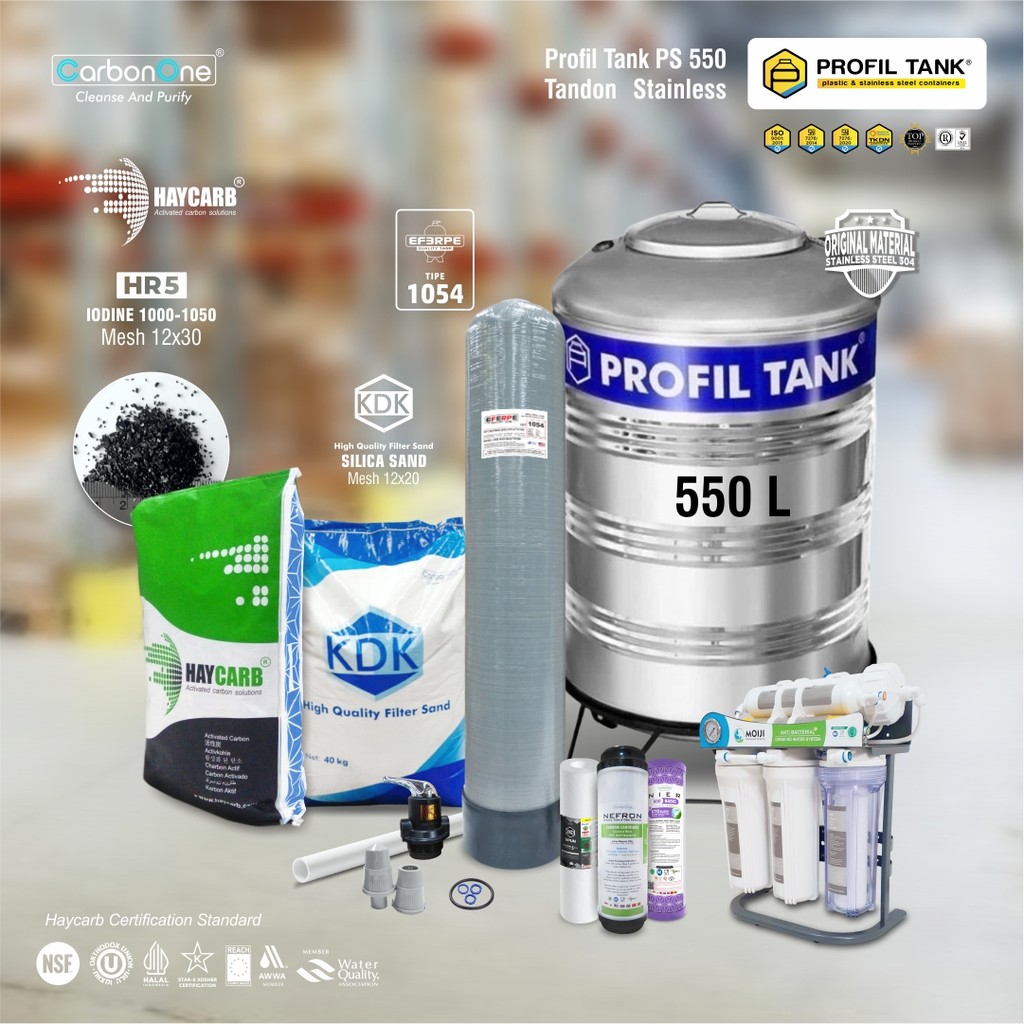 Paket Filter Air Siap Minum Tandon Stainless 550 Tabung FRP 1054 Mesin RO Haycarb 12x30