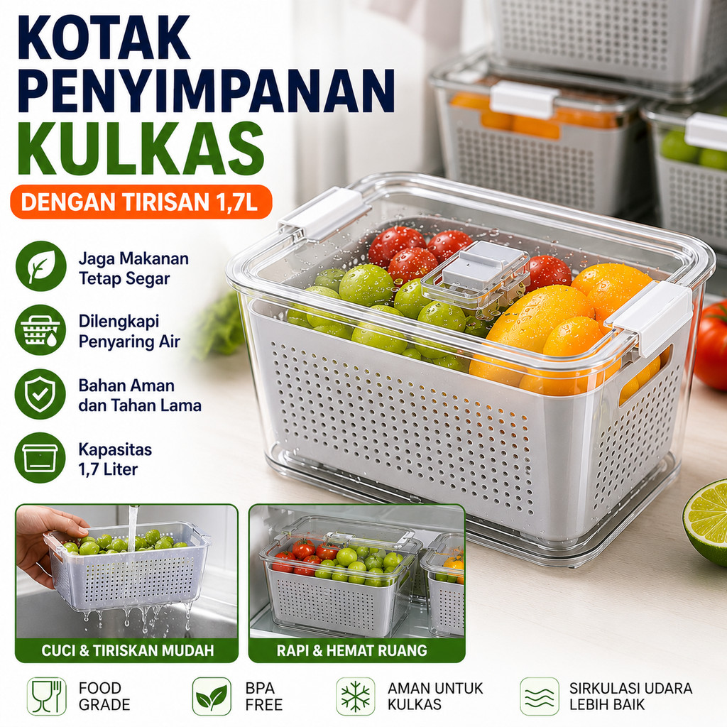 Kotak Kontainer Makanan Kulkas Tirisan Sayur Buah 1.7L Food Storage Container Box Organizer Tempat P