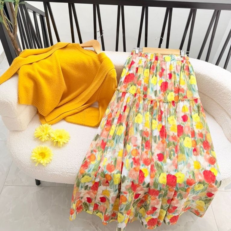 Cardigan Rajut Knit Set Filia Skirt Flower Oren