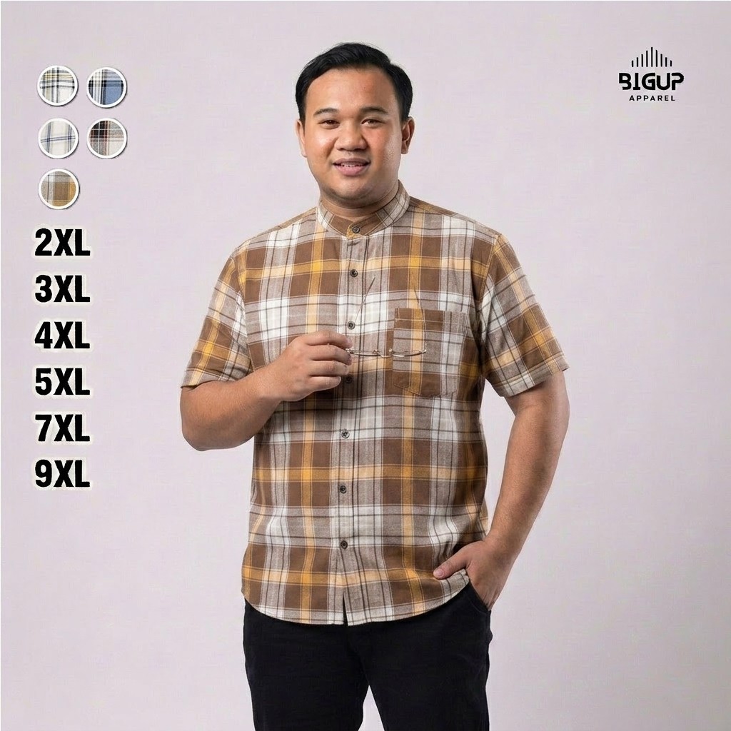 BigUp Kemeja Kasual Pria Lengan Panjanga Kerah Shanghai Motif Kotak Kotak Ukuran Bigsize Jumbo