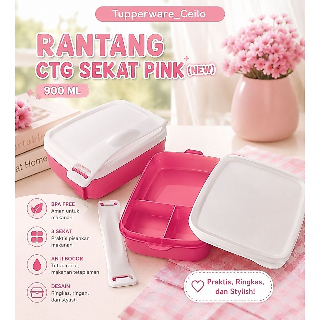 CTG Rantang Tupperware Sekat Pink Pakai Hendel