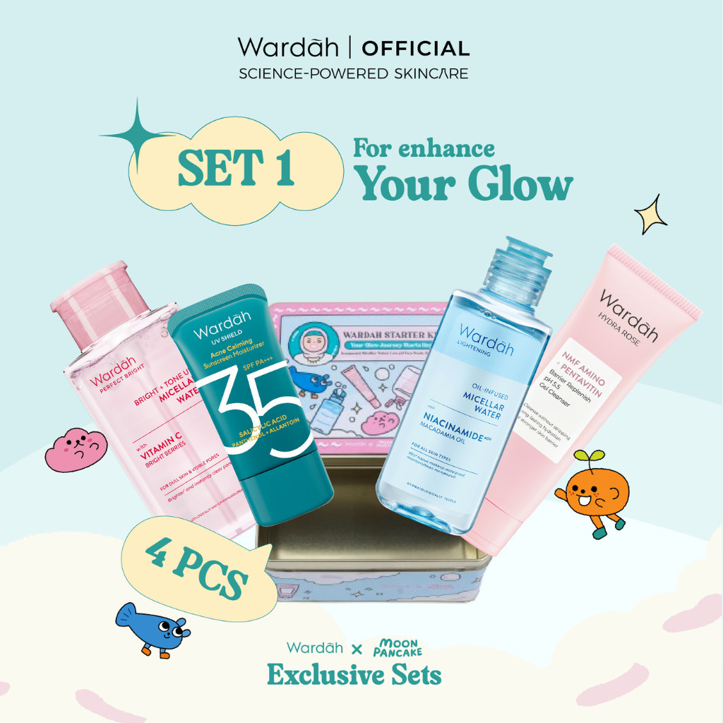 NEW Wardah Starter Kit Moon Pancake Trio Basic Skincare Glow (UV Shield Sunscreen, Perfect Bright Mi
