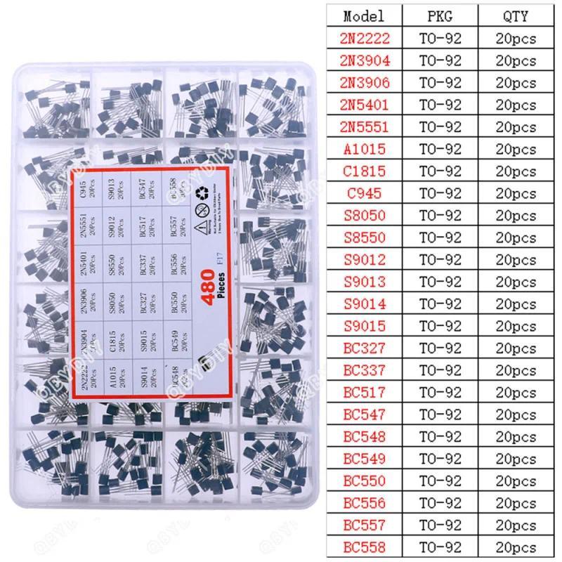 480Pcs 24Jenis Kit Transistor NPN PNP Silikon In-line 2N2222 S8050 S9014 2N3906 BC547 BC548 BC549 BC