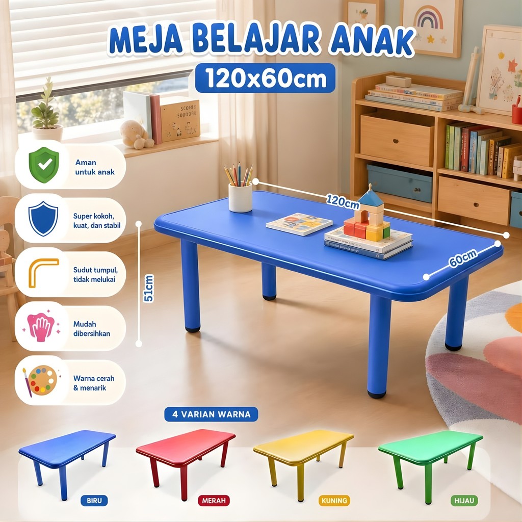 Meja Anak Plastik Persegi Panjang Kaki Besi  Meja Belajar TK Paud Colorful Kids