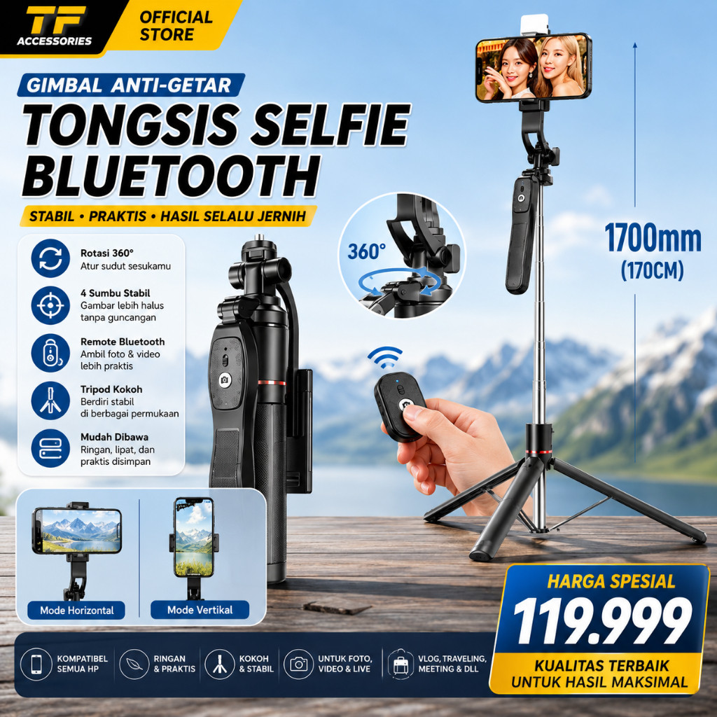 Tongsis Tripod HP Bluetooth 170CM | T17 Bisa Diatur Miring & R1SL Standard | Remote Bluetooth