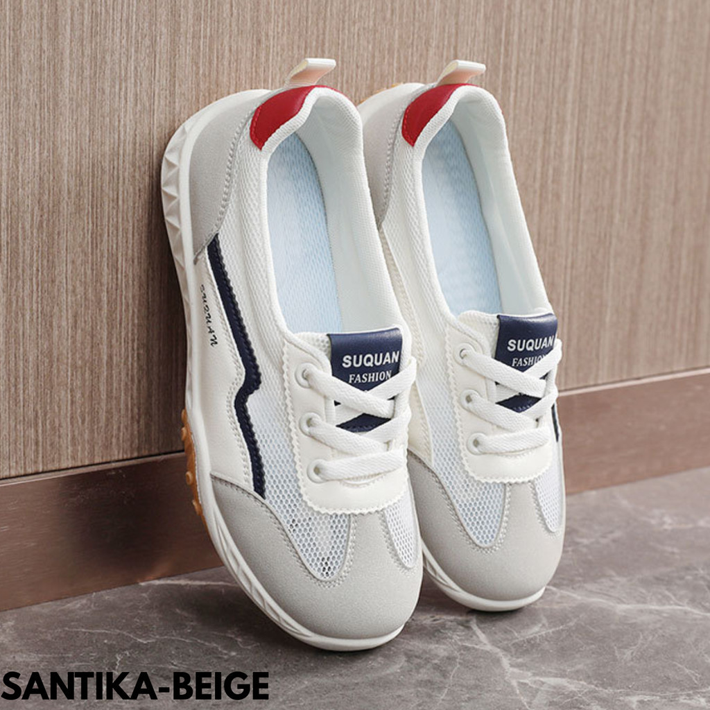 Sepatu Sneakers Wanita Cantik Casual Keren Nyaman Praktis Kece Simple Bahan PU Kombinasi Mesh Santik