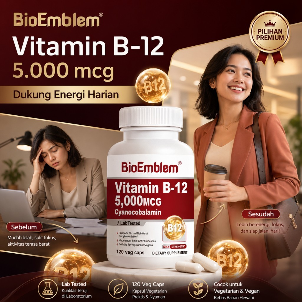 BioEmblem Vitamin B12 Cyanocobalamin, 120 Kapsul Veg, Energy Support Nerve Health, Kurang Fokus, Ban