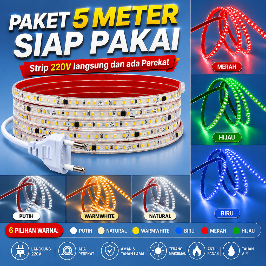 LUXFORCE Siap Pakai 5M Lampu Strip 2835 120LED 220V Langsung Tanpa Driver Tahan Air IP65 / Lampu Sel