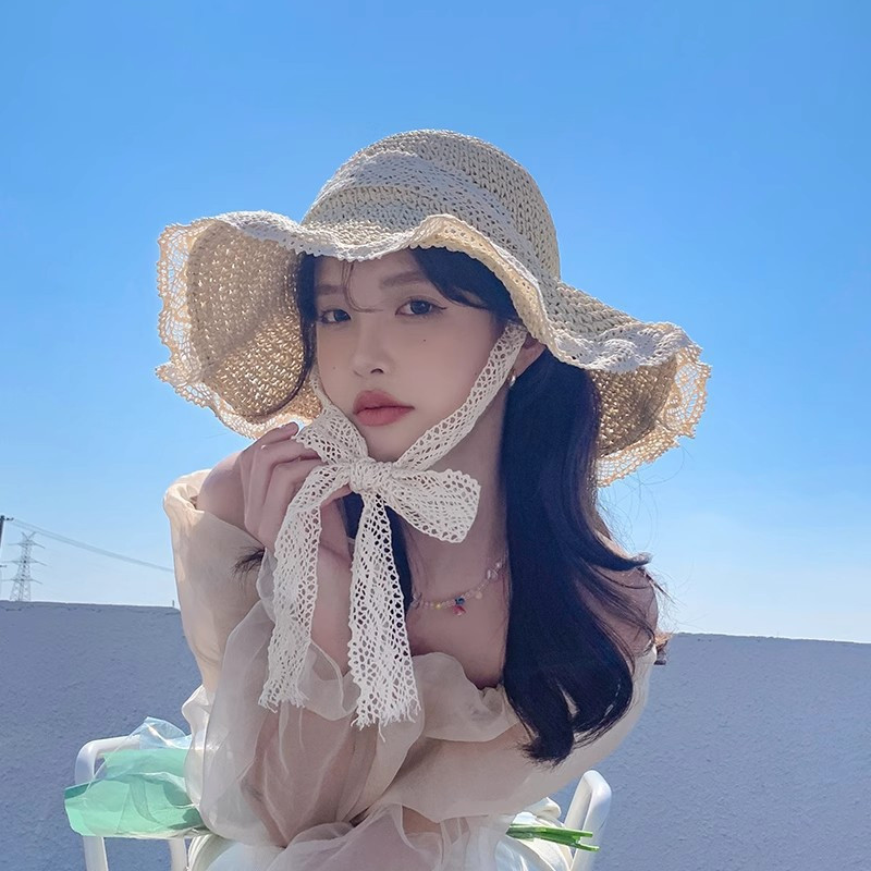 Lace-up Lace Edge Straw Hat Sweet Style Summer Sun Hat Beach Sun Hat