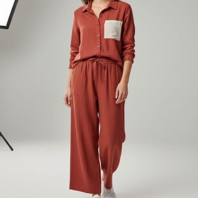 De_moost - Setelan Linen Wanita Hem Kulot Palazo/Lurus Standar Wanita
