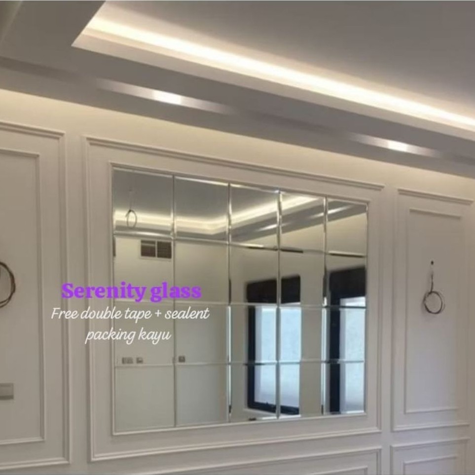 serenity glass Cermin Bevel kotak 5mm free double tip dan sealent packing kayu