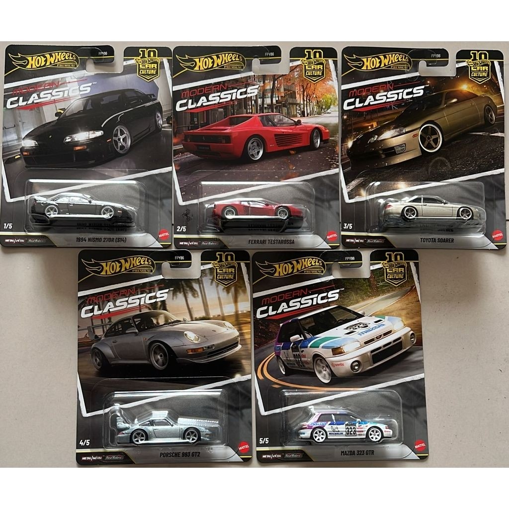 HOTWHEELS PREMIUM CAR CULTURE MODERN CLASSICS BLACK NISMO 270R (S14), RED FERRARI TESTAROSSA, GRAY T