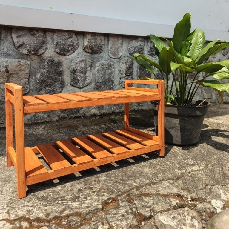 RAK SEPATU SANDAL KAYU MINIMALIS MODEL 2 SUSUN NATURAL / PLITUR/HITAM