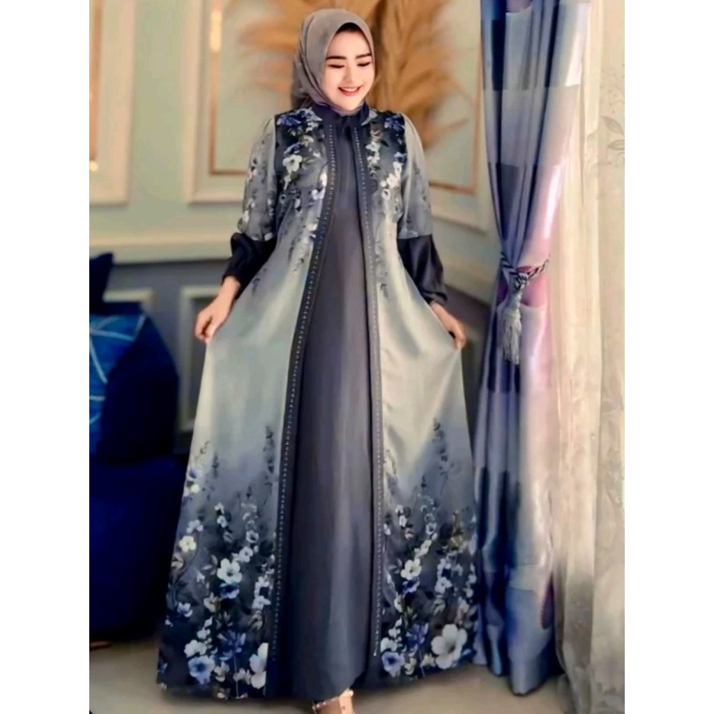 Gamis Dinara #2 Mix Ceruti Motif Bunga Terbaru (Rompi nyatu)