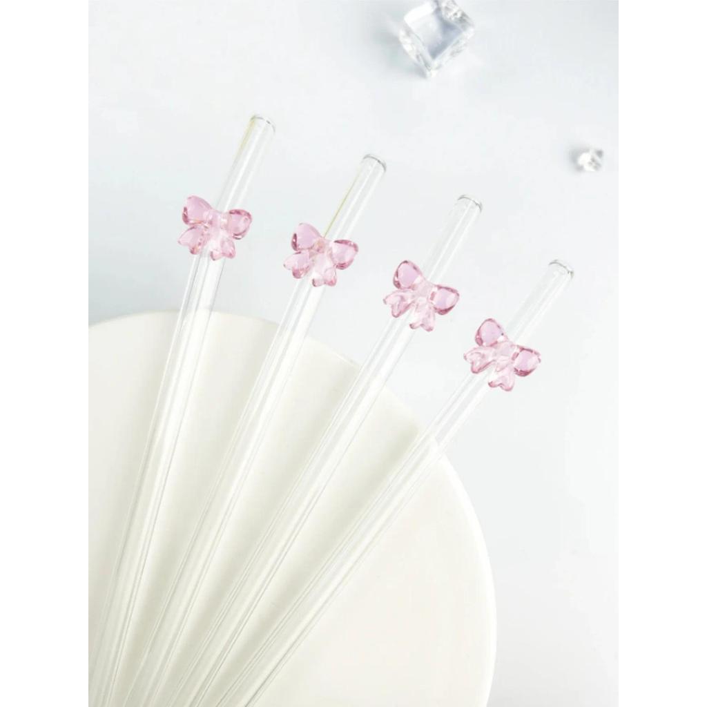 1/6PCS Cute Cartoon Pink Bowknot Glass Straw,Bent Reusable Glass Straw, Smoothie,Milk,Tea,Juice,Cock