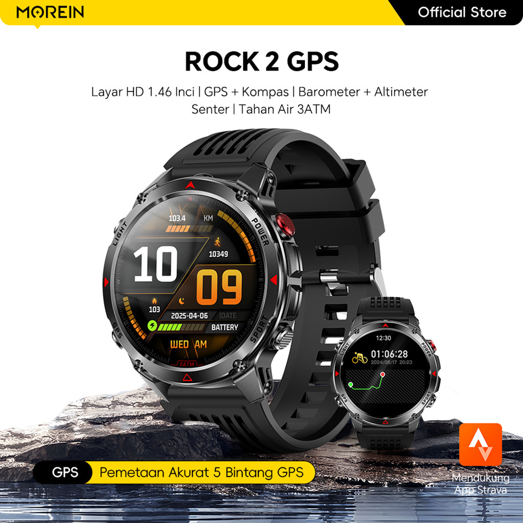 Morein Plus Rock 2 GPS Smartwatch - GPS + Kompas | Tahan Air 3ATM | UV + Senter | 100+ Mode Olahraga