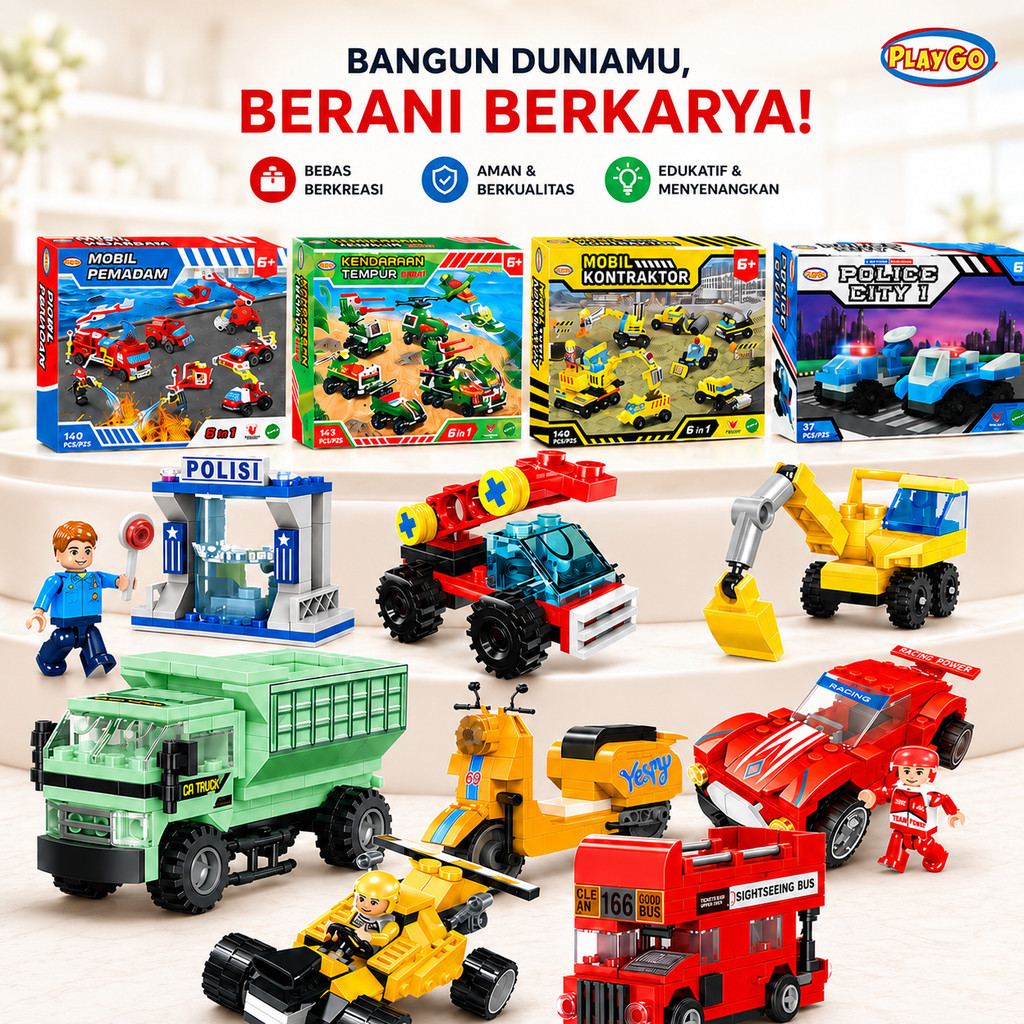 Mainan Playgo Lego (221 Pieces) Building Blocks for Kids Tim Polisi Construction Vespy Truk Series R
