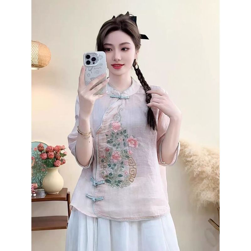 Blus Linen Wanita dengan Kerah Berkancing dan Bordir Rumit, Kemeja Katun-Linen Vintage