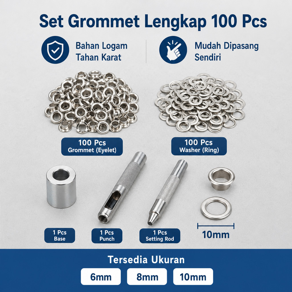 Set 100 Pcs Mata Ayam Grommet Silver Lubang Tali Sepatu Tas Kerajinan Kulit Lengkap Alat Pasang
