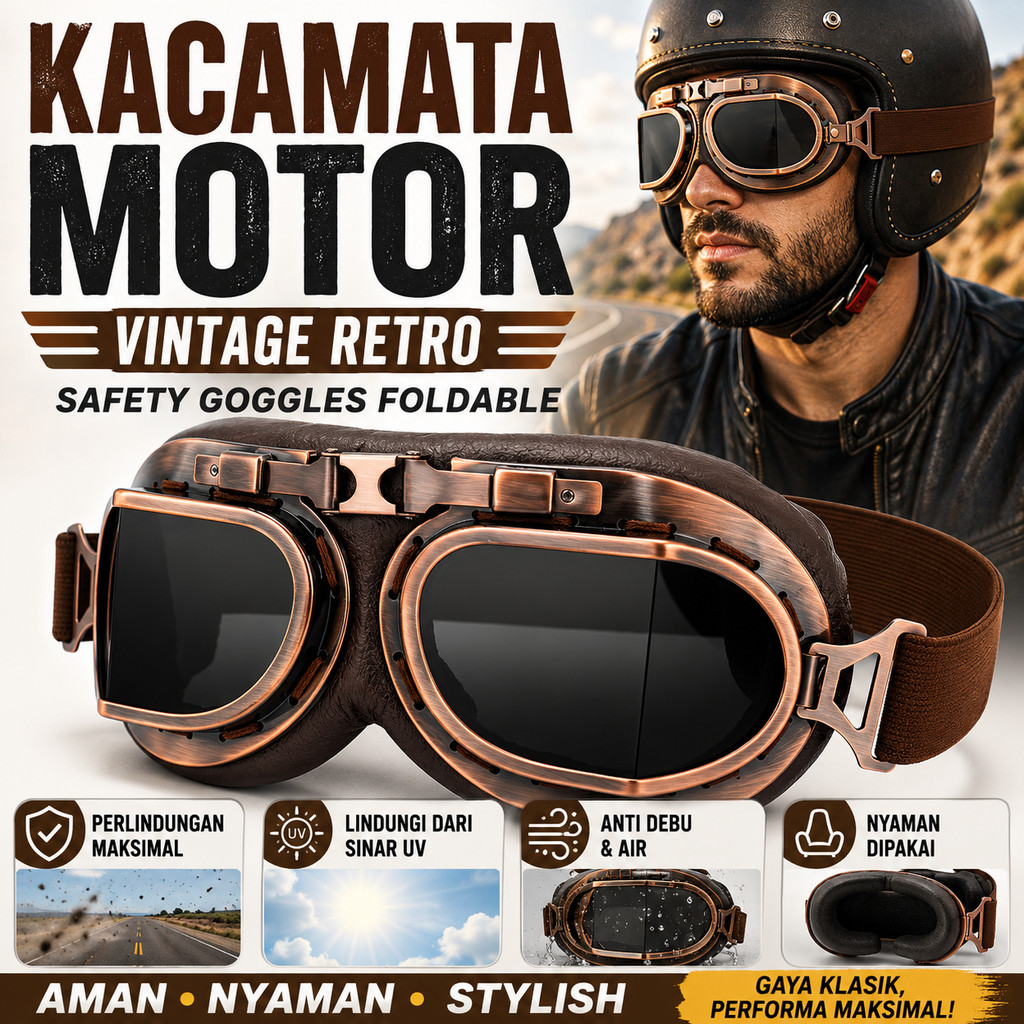 Kacamata Motor Model Unik Vintage Jadul Retro Safety Goggles Foldable Masker Helm Kacamata Pengendar